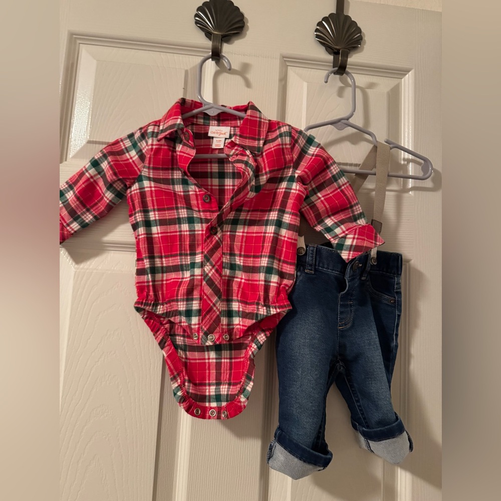 Baby Cat & Jack Plaid Button-down onesie & suspenders-0-3mos, worn once